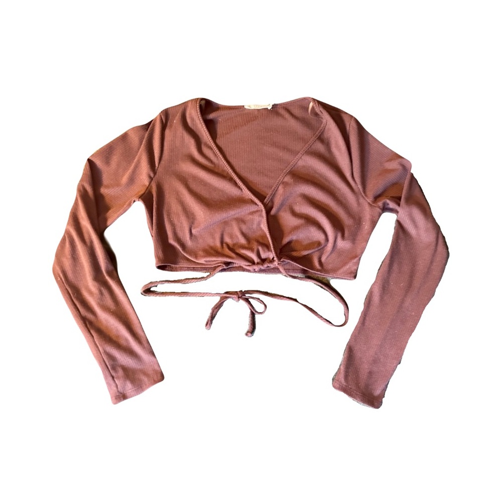 Simons Cropped Long Sleeve Shirt with Tie, size L in Brown